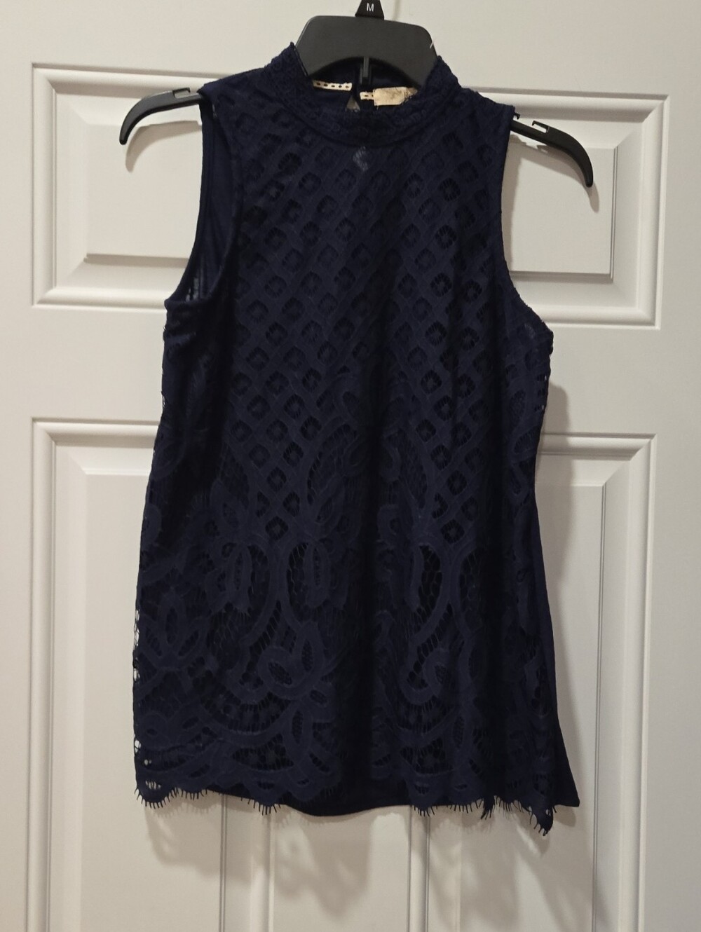 Rewind Navy Sleeveless Lace Mock Neck Halter Top